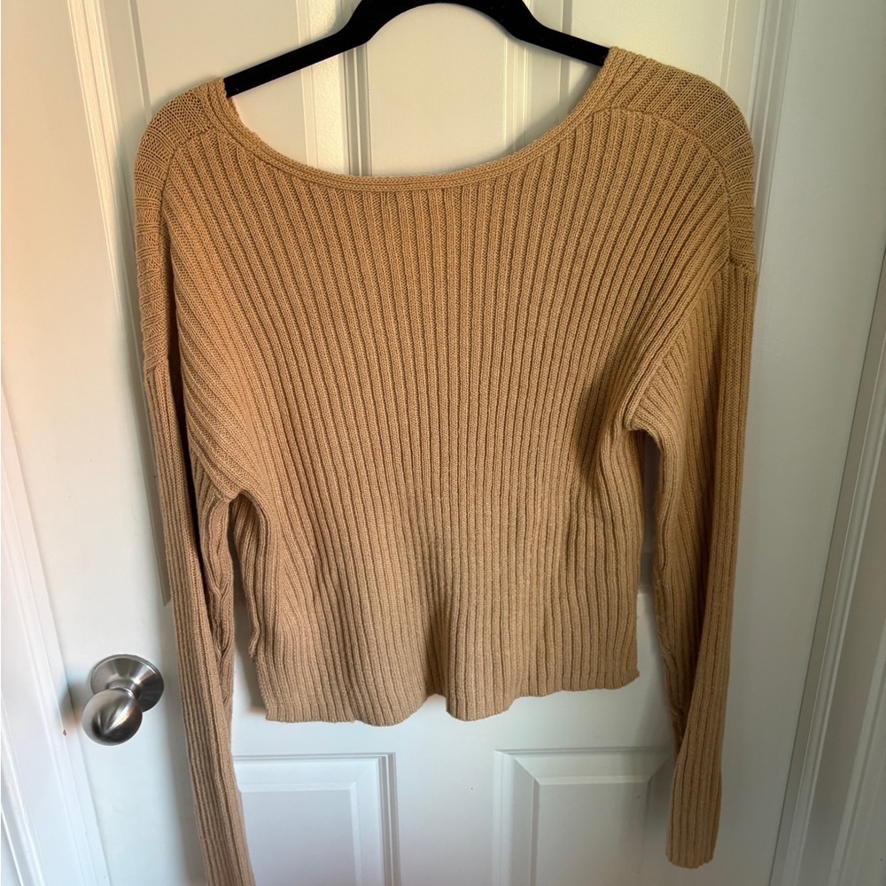 V-Neck Ribbed Knit Sweater - Tan - Picture 4 of 4